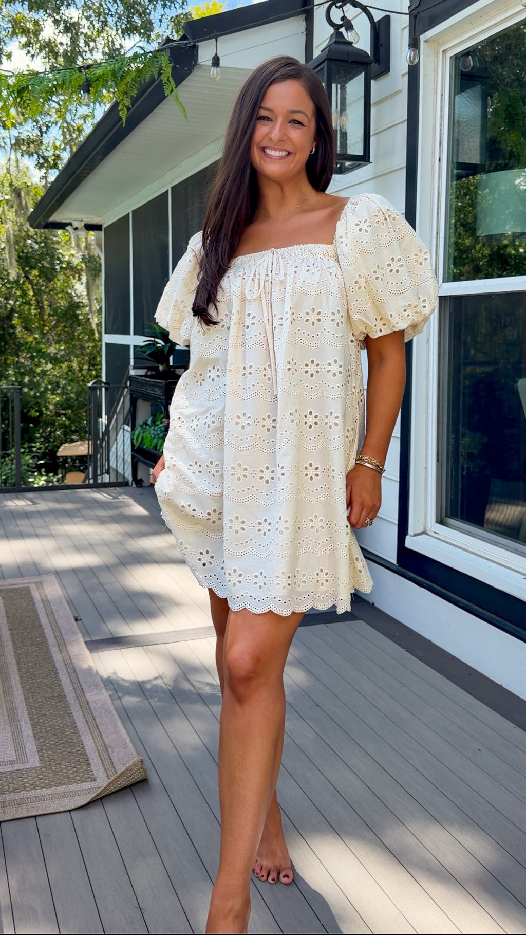 Cream Eyelet Mini Dress with Puff Sleeves