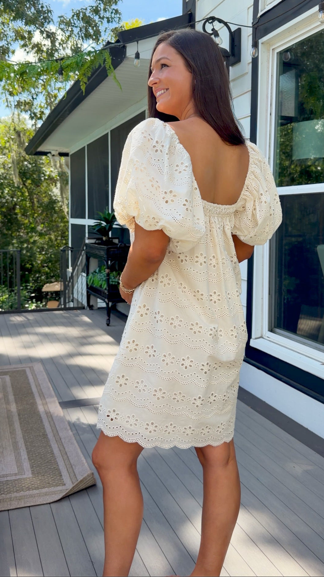 Cream Eyelet Mini Dress with Puff Sleeves