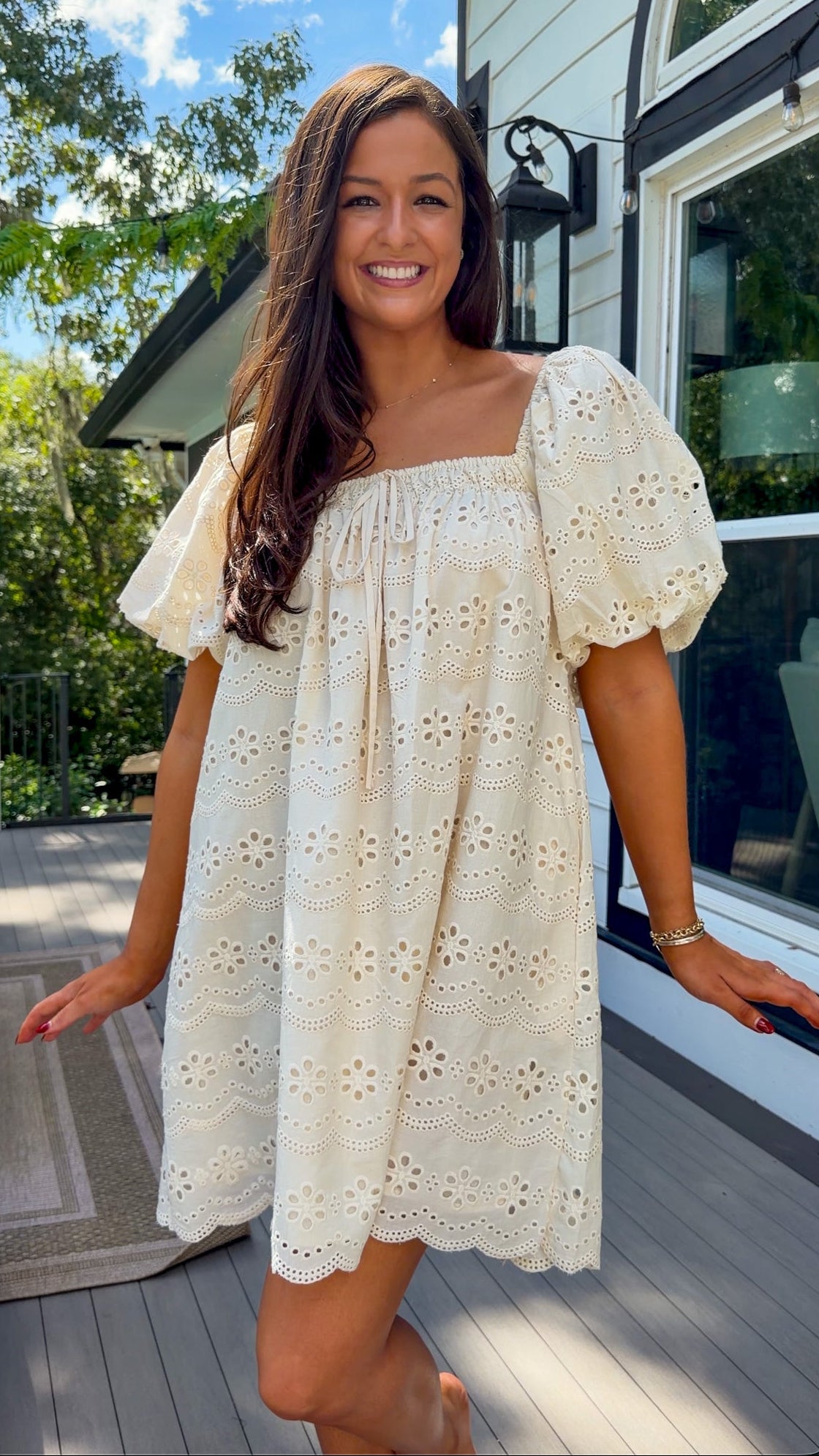 Cream Eyelet Mini Dress with Puff Sleeves
