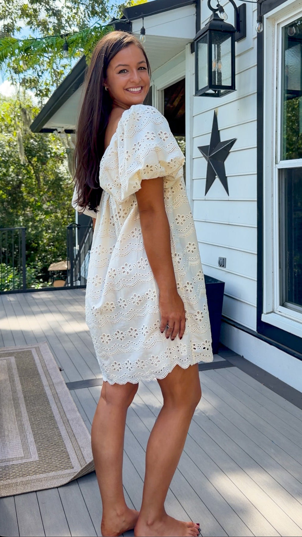 Cream Eyelet Mini Dress with Puff Sleeves