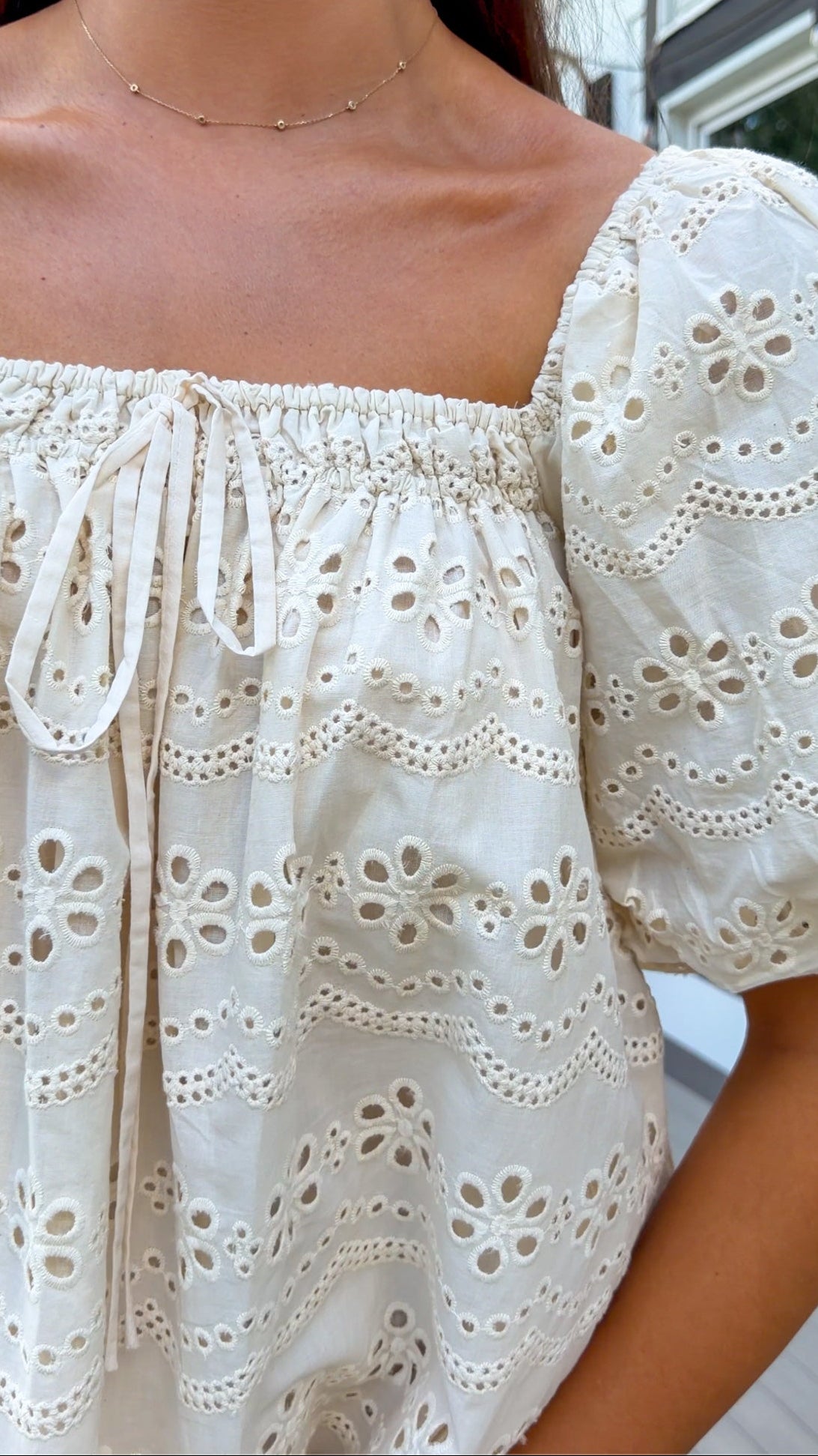 Cream Eyelet Mini Dress with Puff Sleeves
