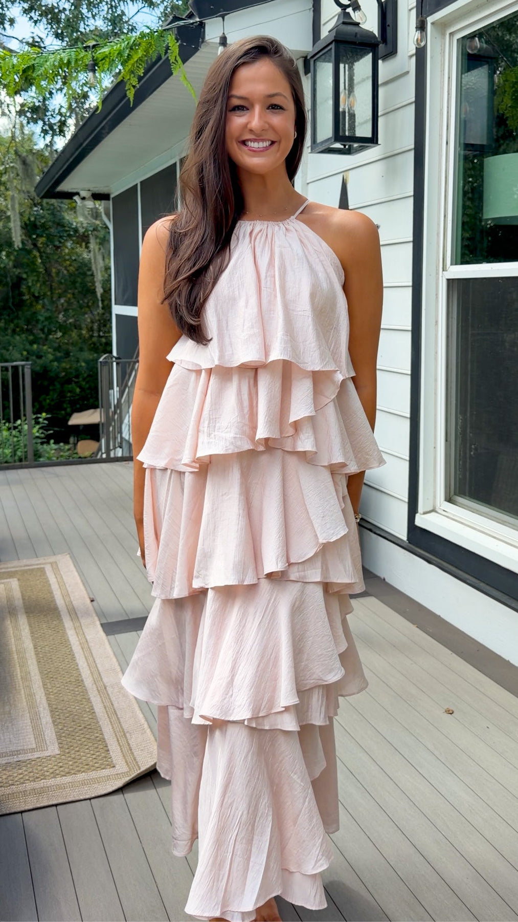 Light Pink Ruffle Tiered Halter Midi Dress