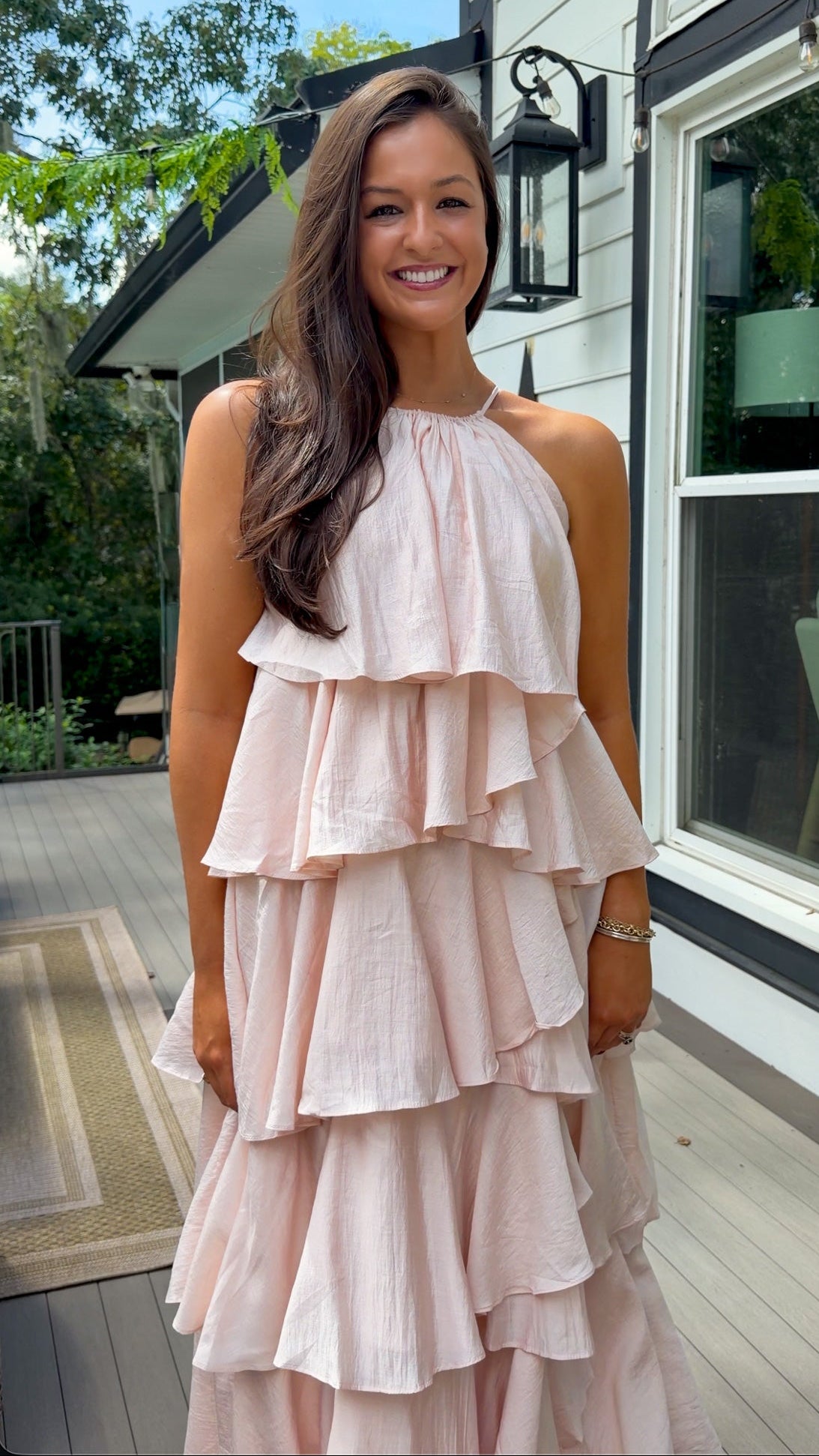 Light Pink Ruffle Tiered Halter Midi Dress