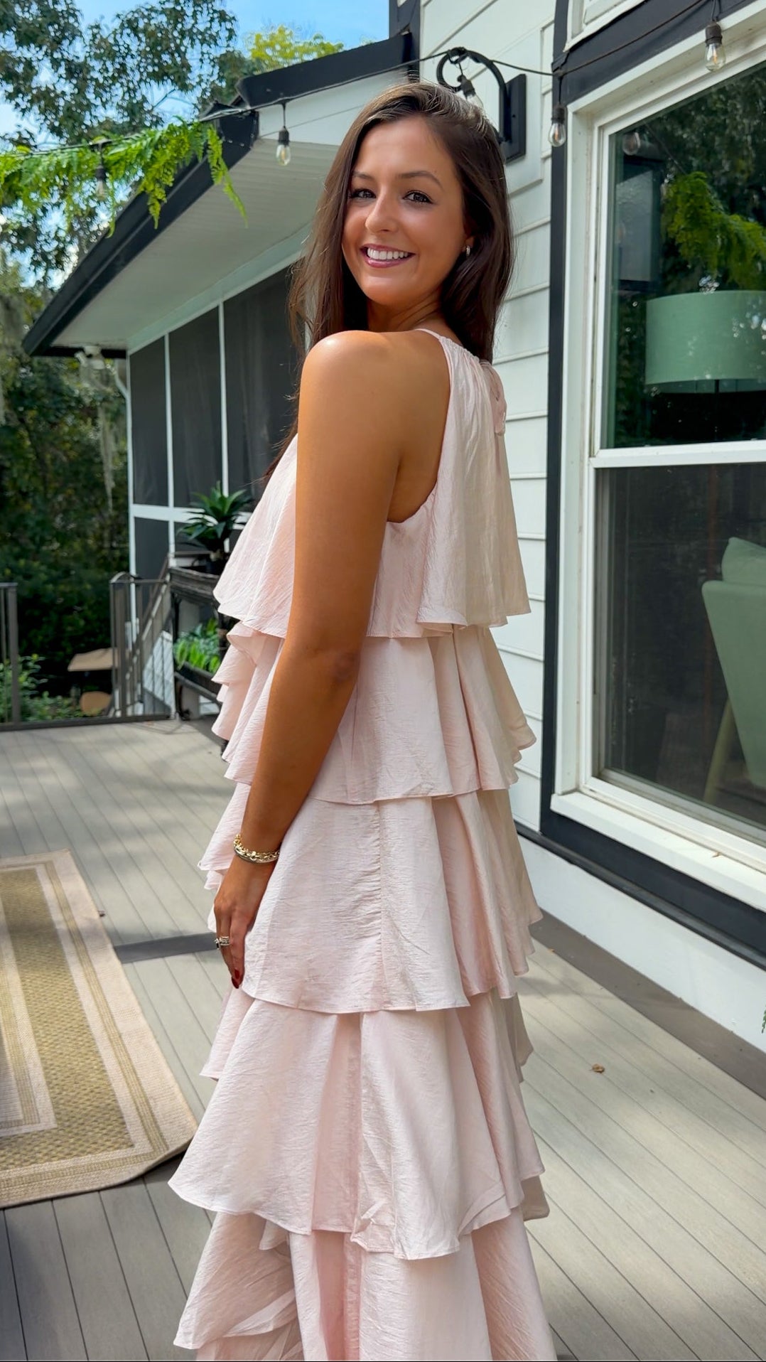Light Pink Ruffle Tiered Halter Midi Dress