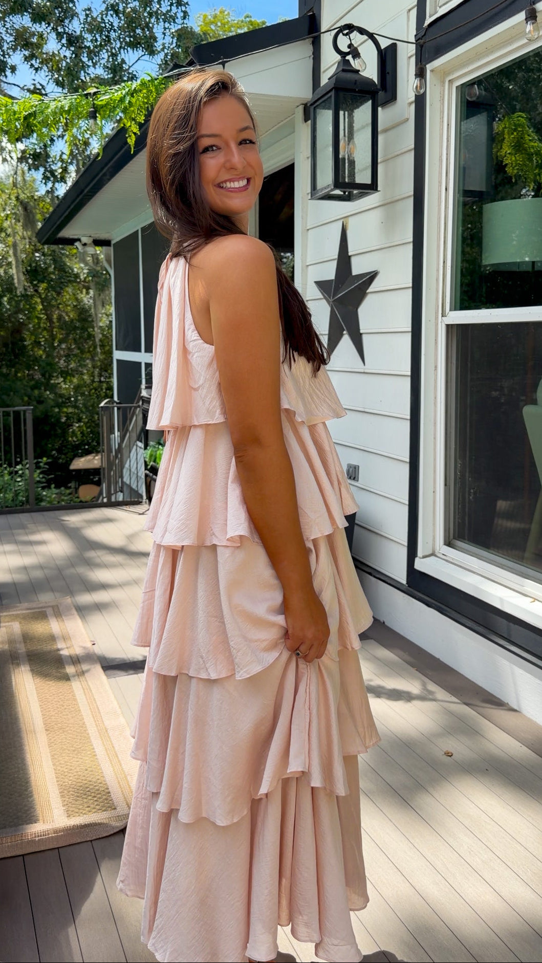 Light Pink Ruffle Tiered Halter Midi Dress