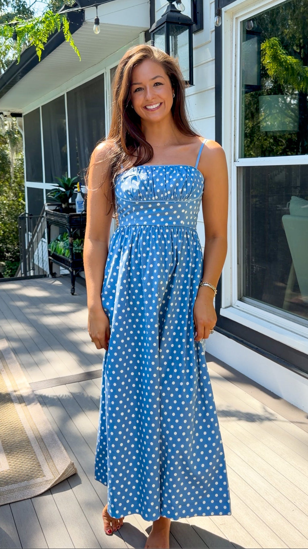 Polka Dot Ruched Bust Smocked Midi Dress