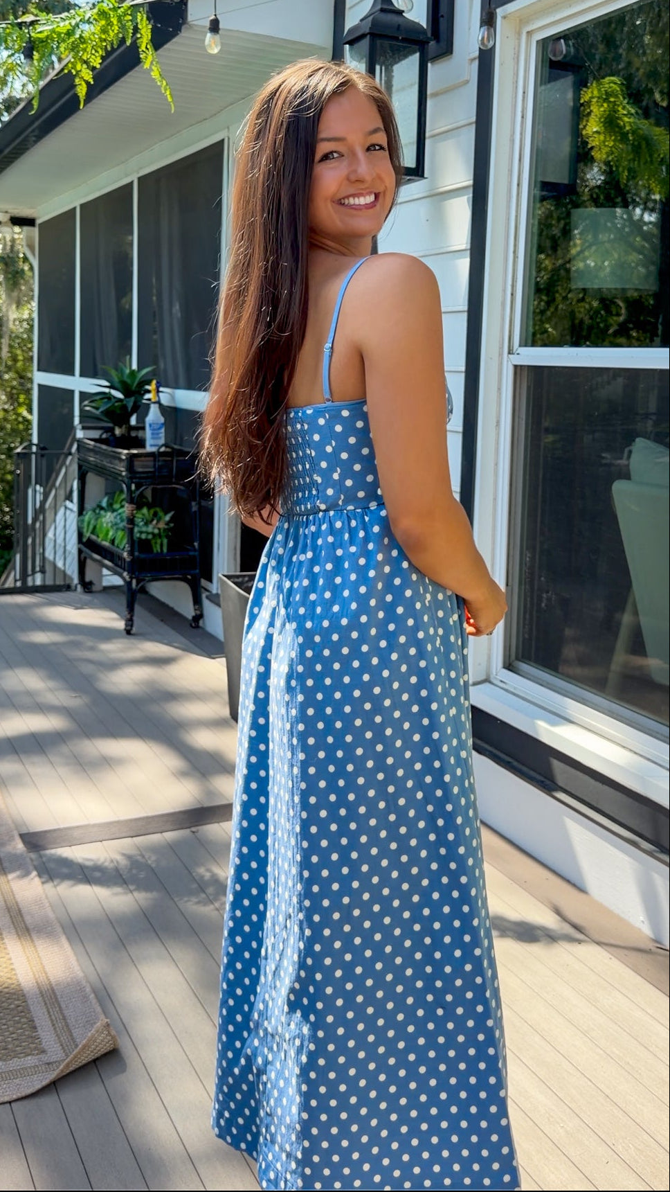 Polka Dot Ruched Bust Smocked Midi Dress