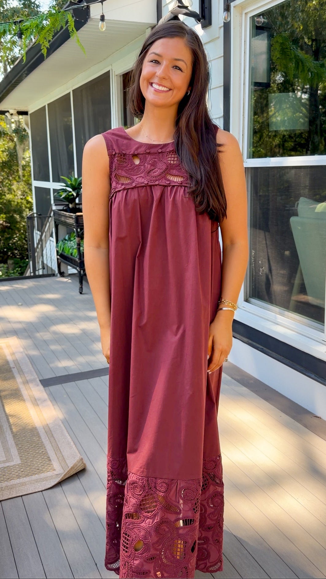 Burgundy Lace Yoke Sleeveless Maxi Dress