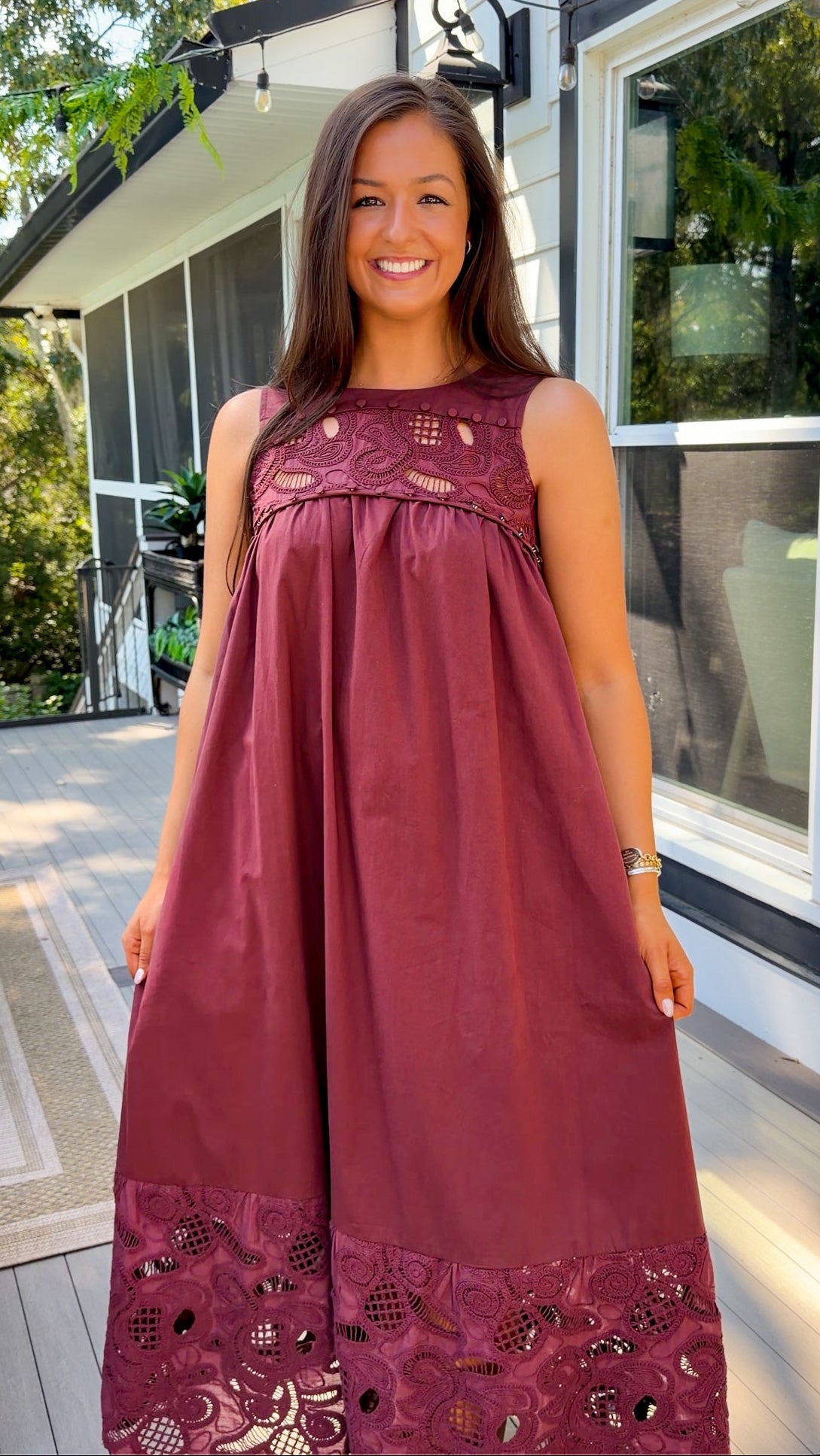 Burgundy Lace Yoke Sleeveless Maxi Dress