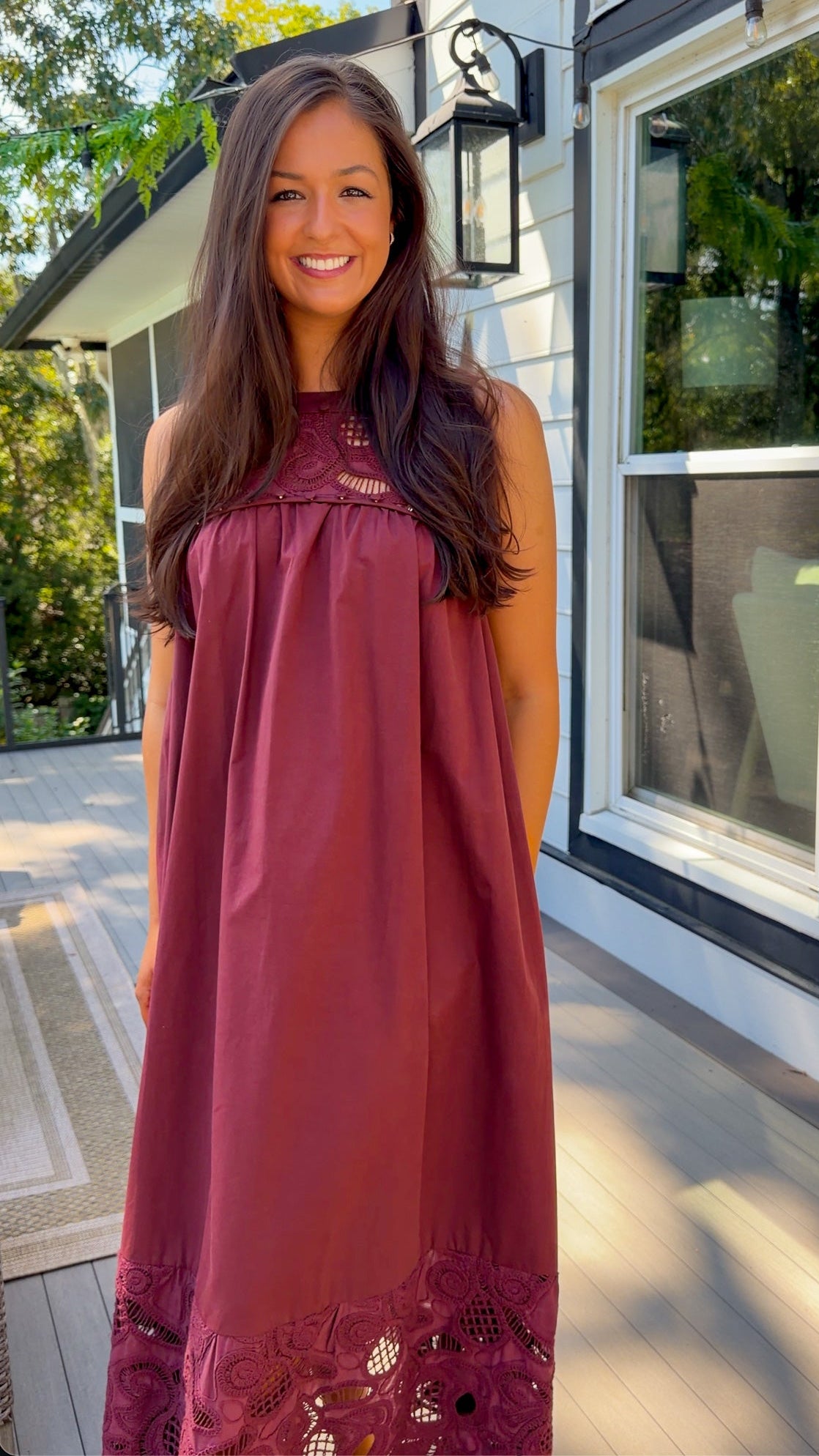 Burgundy Lace Yoke Sleeveless Maxi Dress