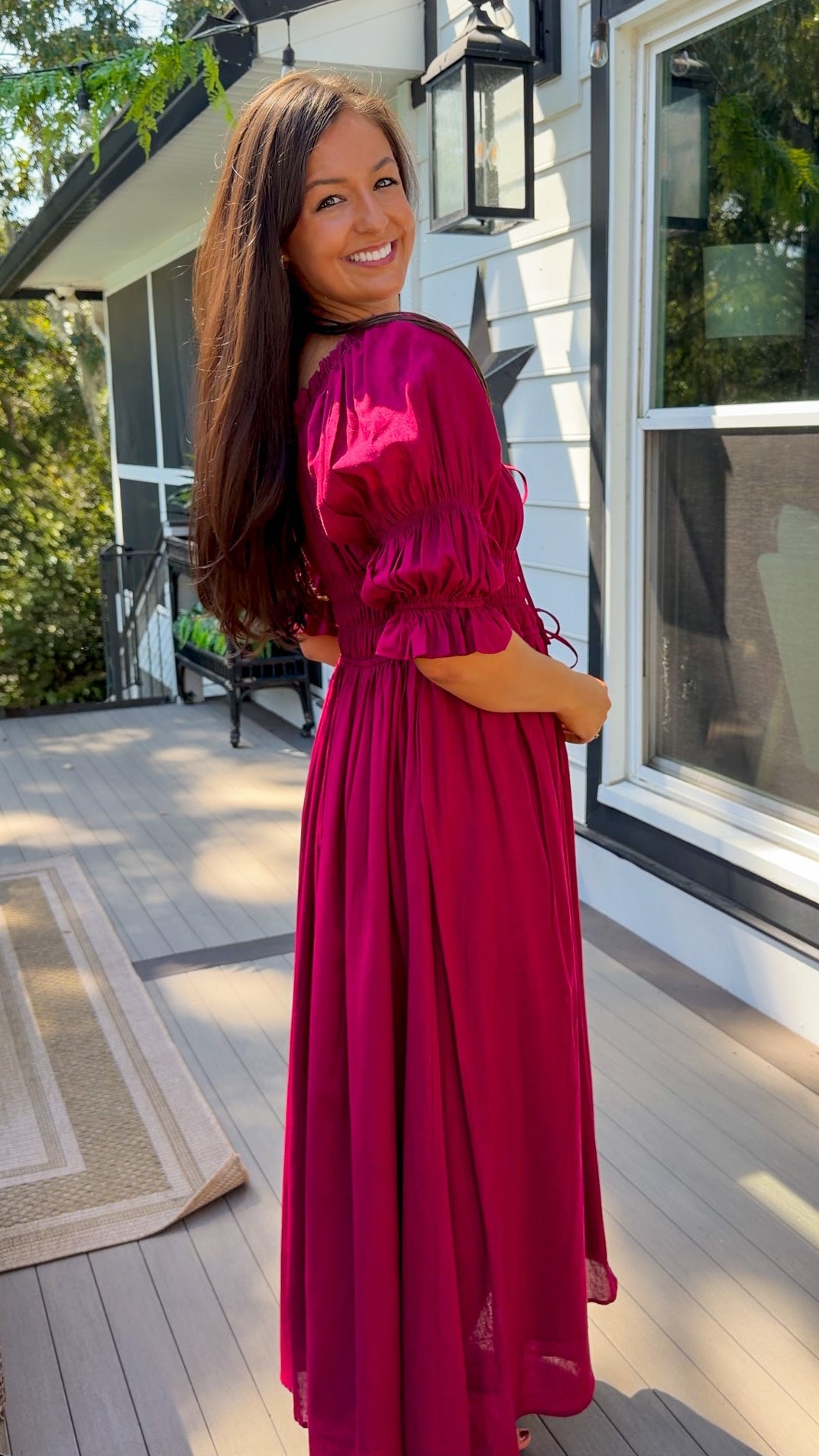 Smocked Midi Dress With Pleated Skirt