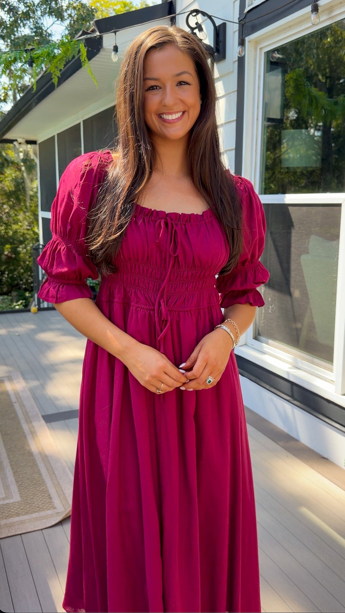 Smocked Midi Dress With Pleated Skirt