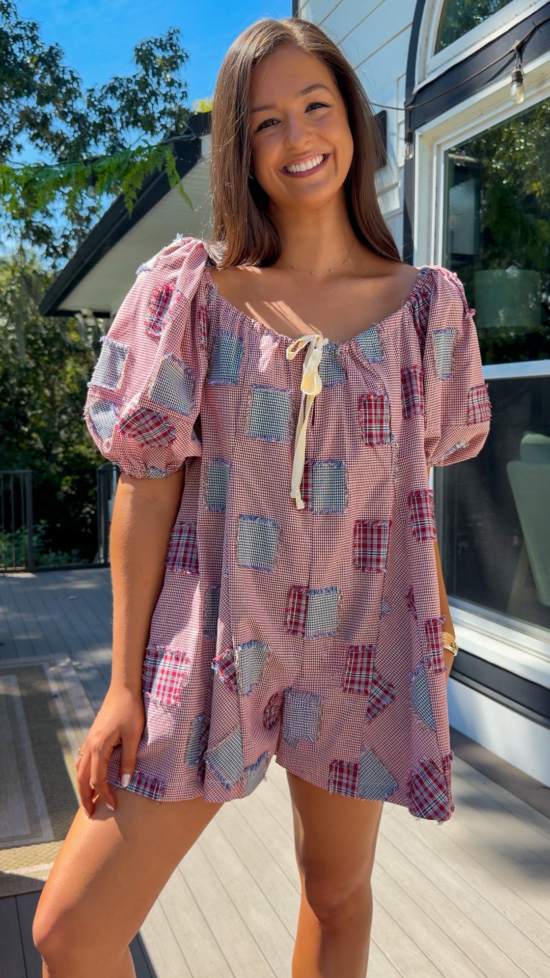 Patchwork Check Ribbon Romper - Red/Navy