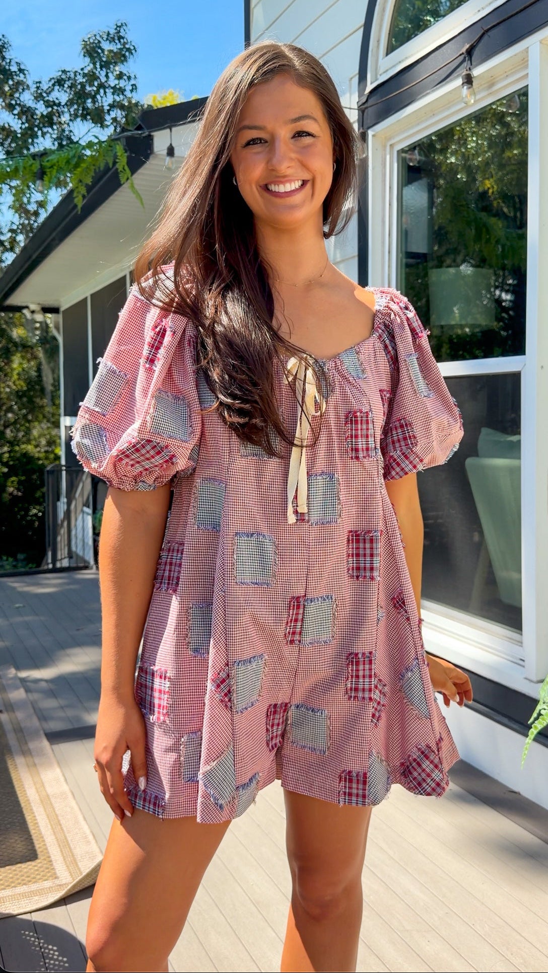 Patchwork Check Ribbon Romper - Red/Navy