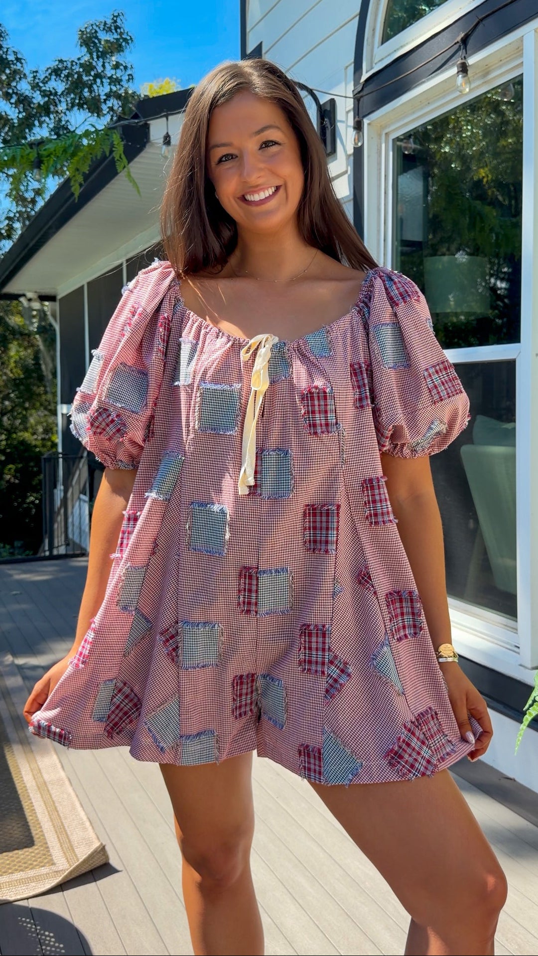 Patchwork Check Ribbon Romper - Red/Navy