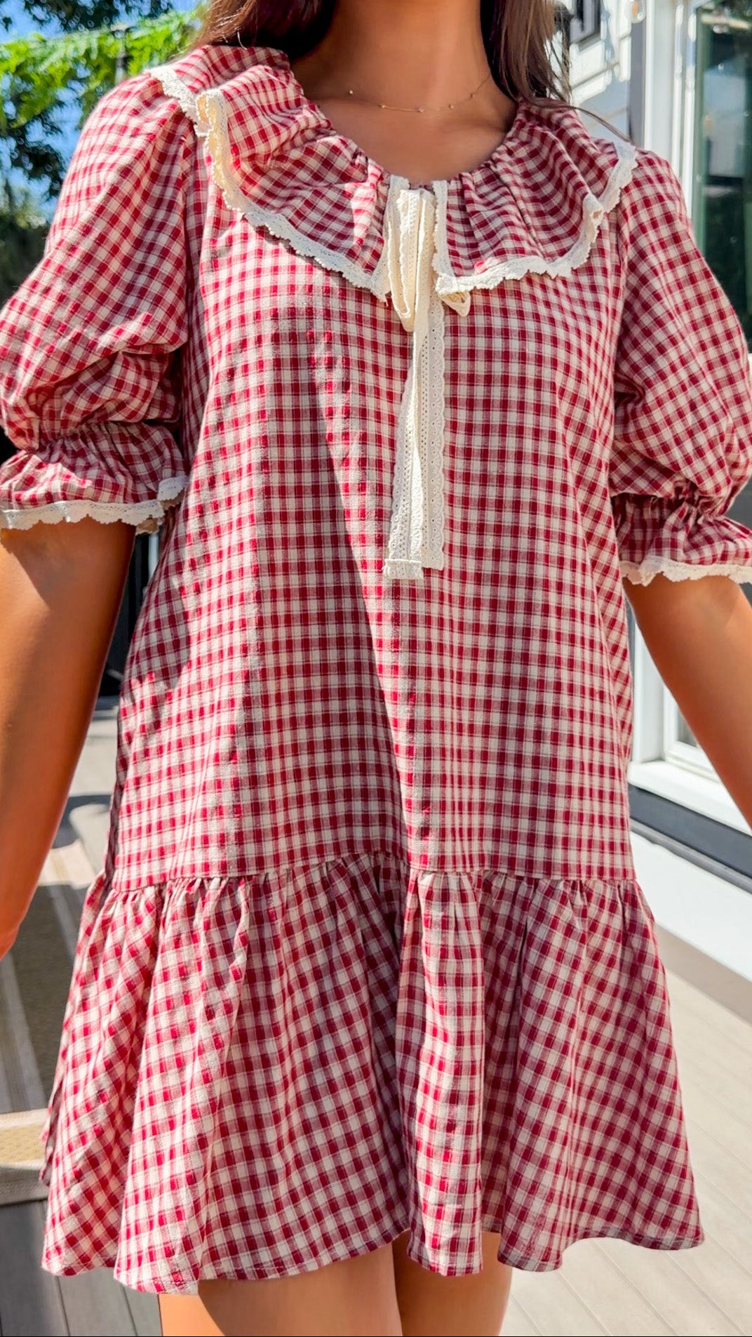 Gingham Ruffle Collar Mini Dress - Burgundy/Taupe