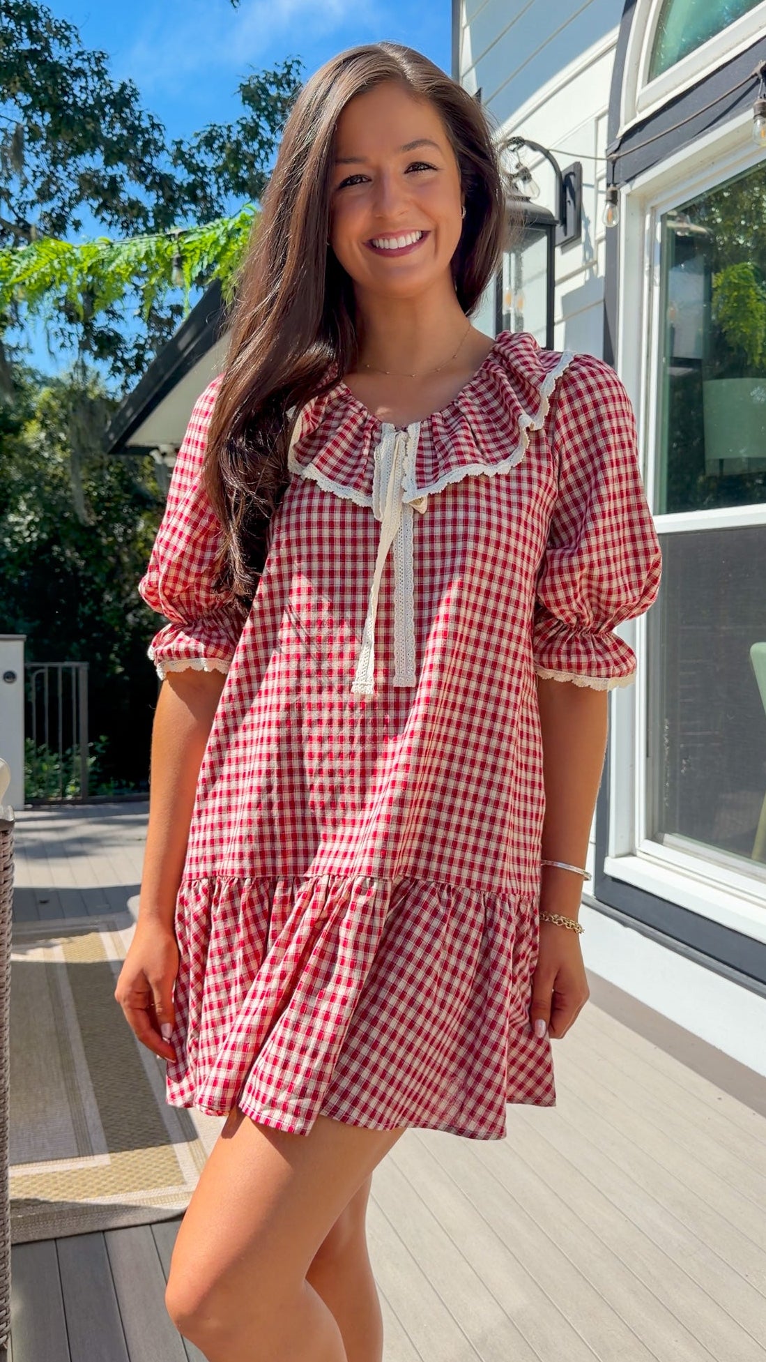 Gingham Ruffle Collar Mini Dress - Burgundy/Taupe