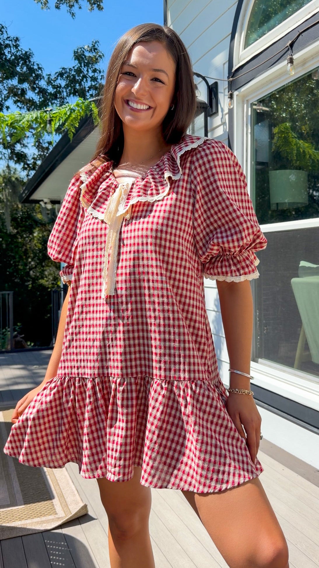 Gingham Ruffle Collar Mini Dress - Burgundy/Taupe