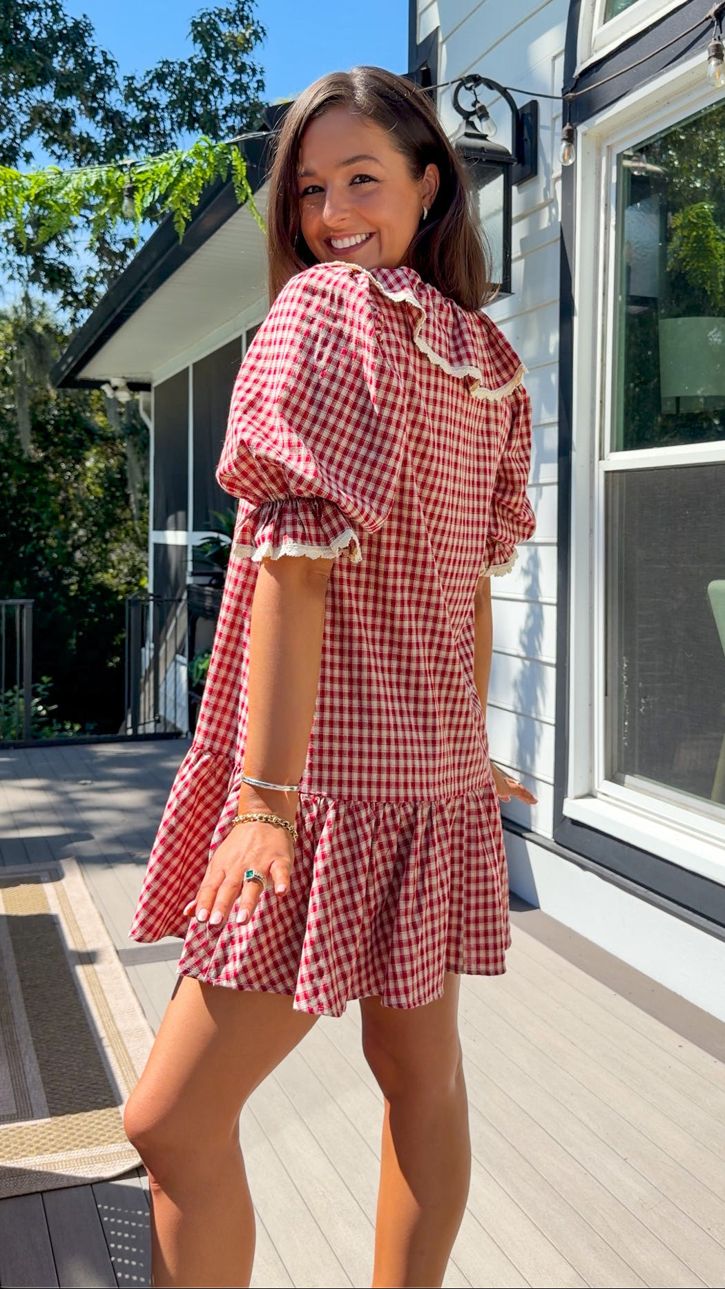 Gingham Ruffle Collar Mini Dress - Burgundy/Taupe