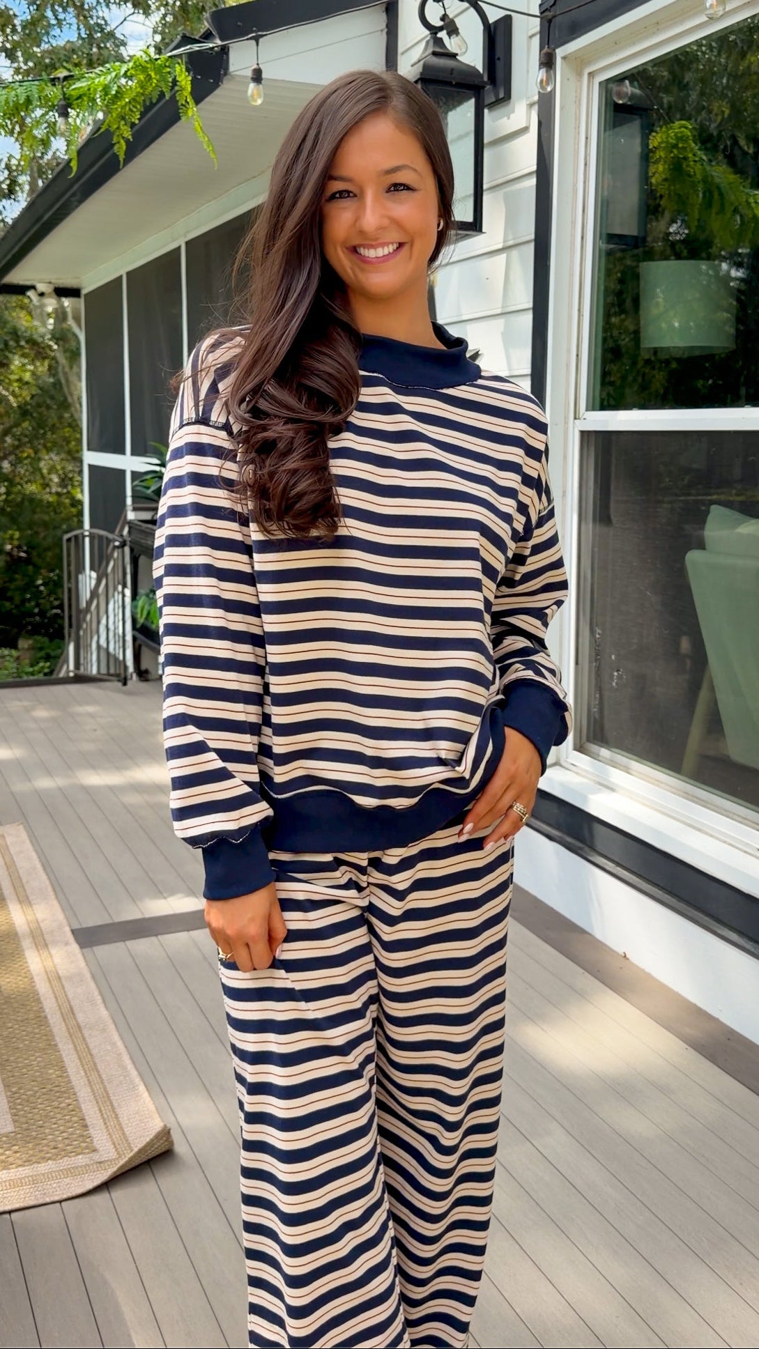 Striped Mock Neck Sweatshirt & Pant Set