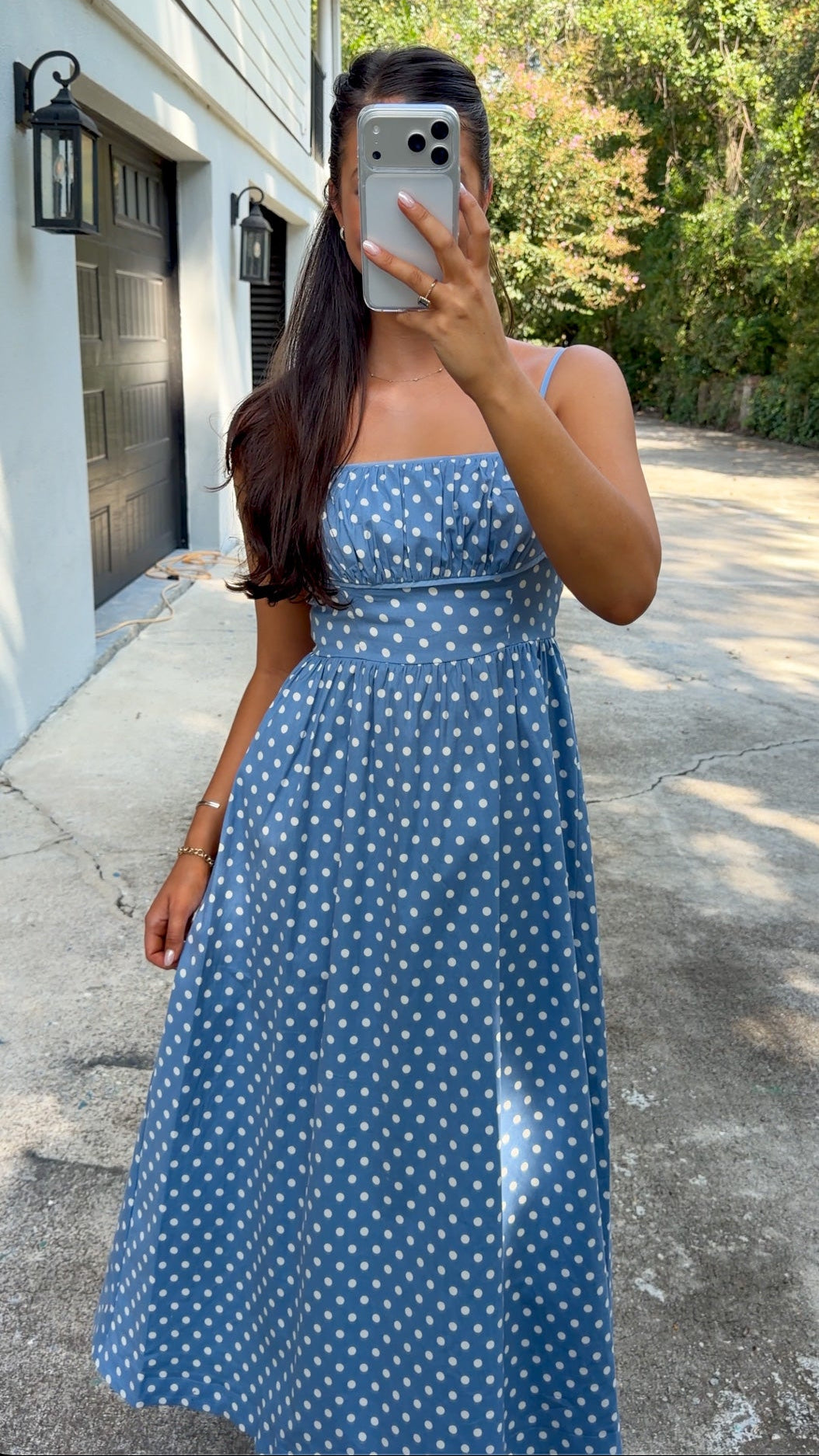 Polka Dot Ruched Bust Smocked Midi Dress