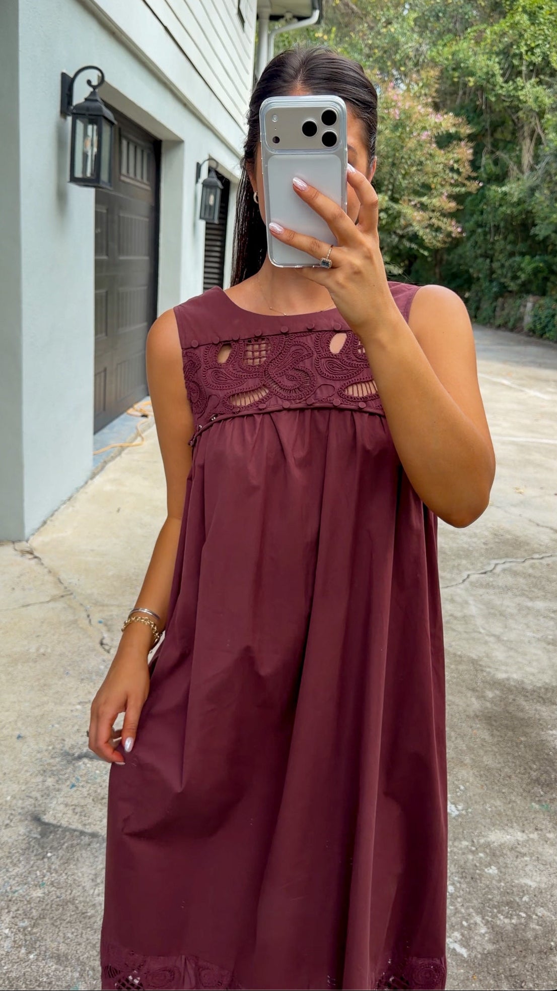 Burgundy Lace Yoke Sleeveless Maxi Dress