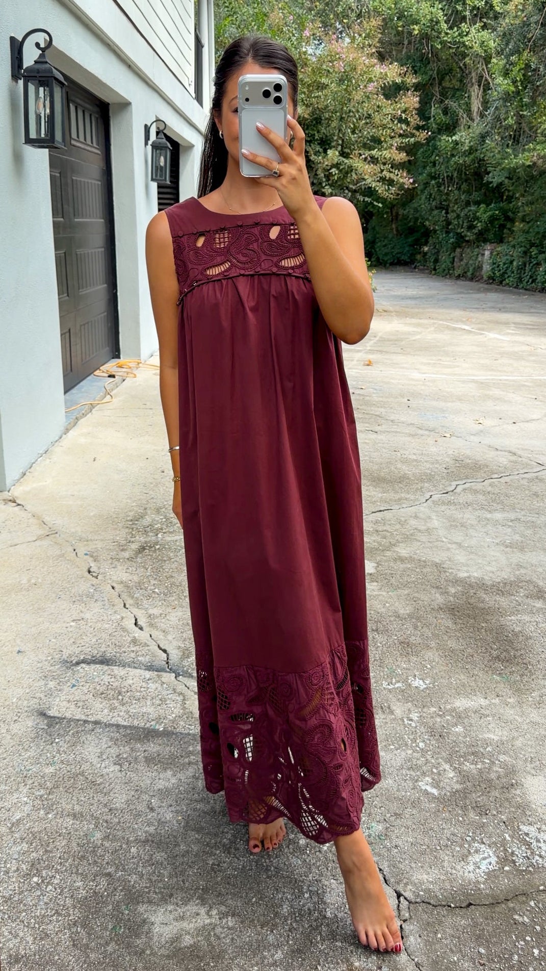 Burgundy Lace Yoke Sleeveless Maxi Dress