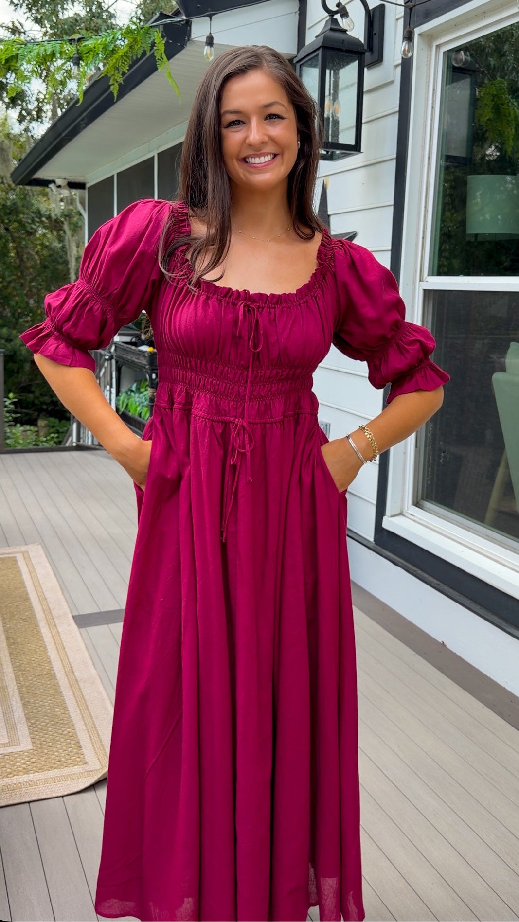 Smocked Midi Dress With Pleated Skirt