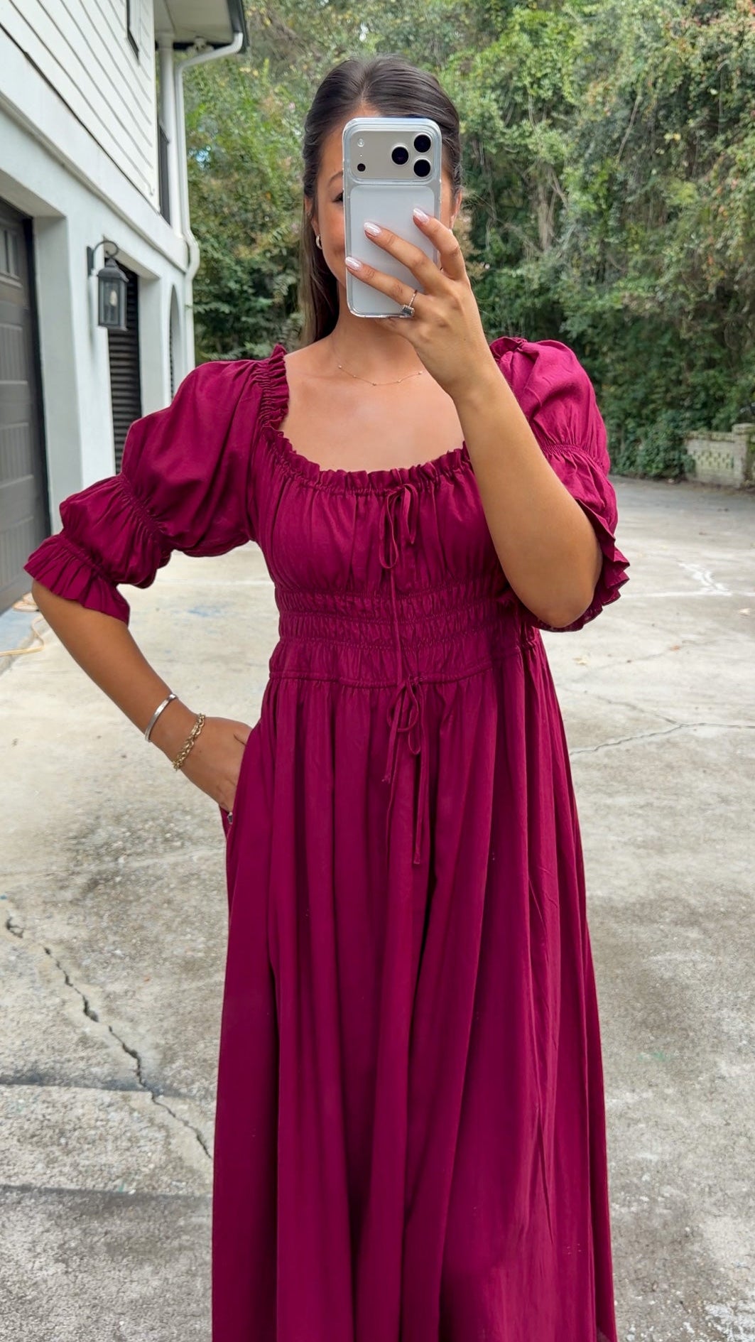Smocked Midi Dress With Pleated Skirt