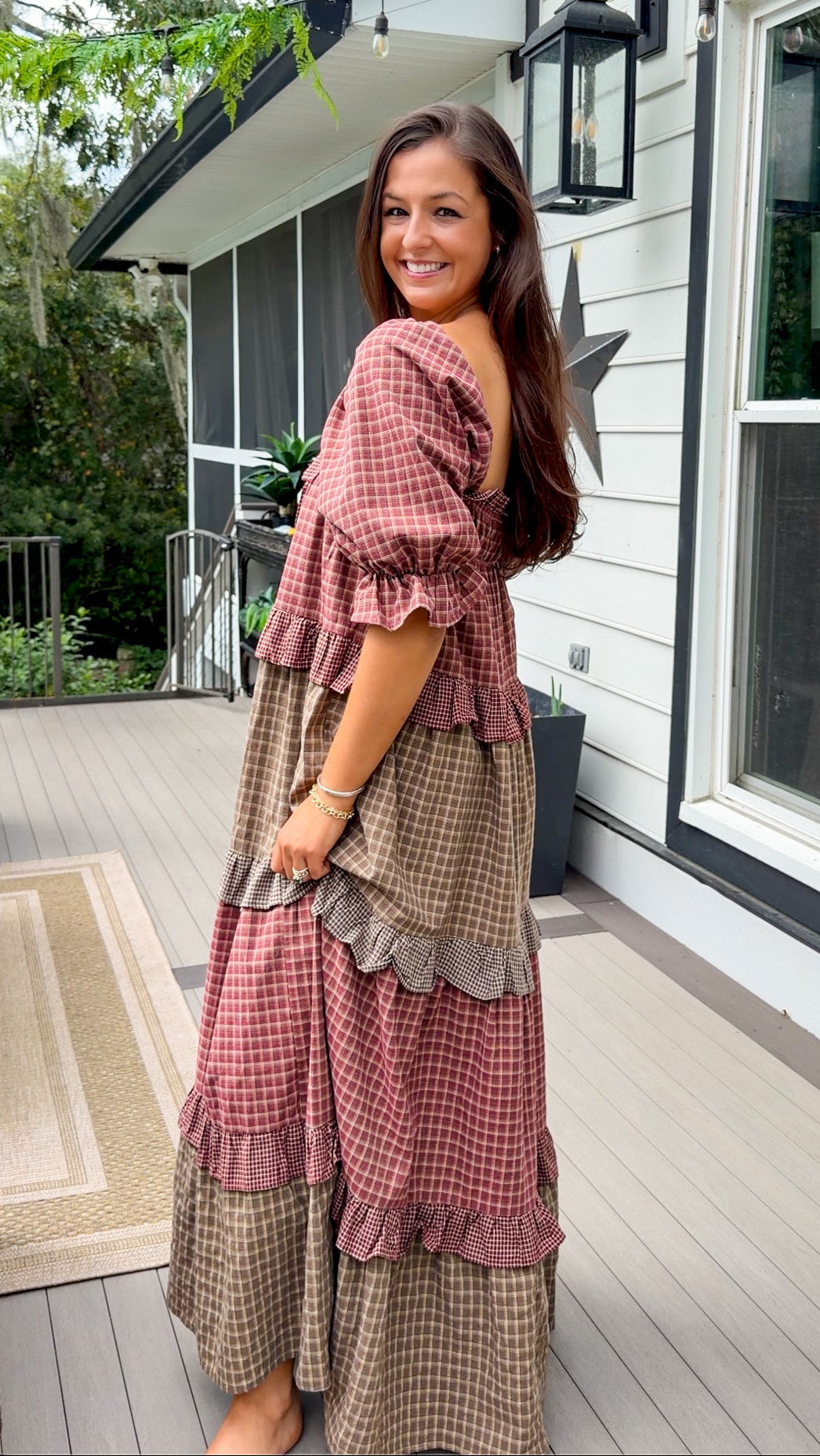 Mixed Plaid Tiered Maxi Dress