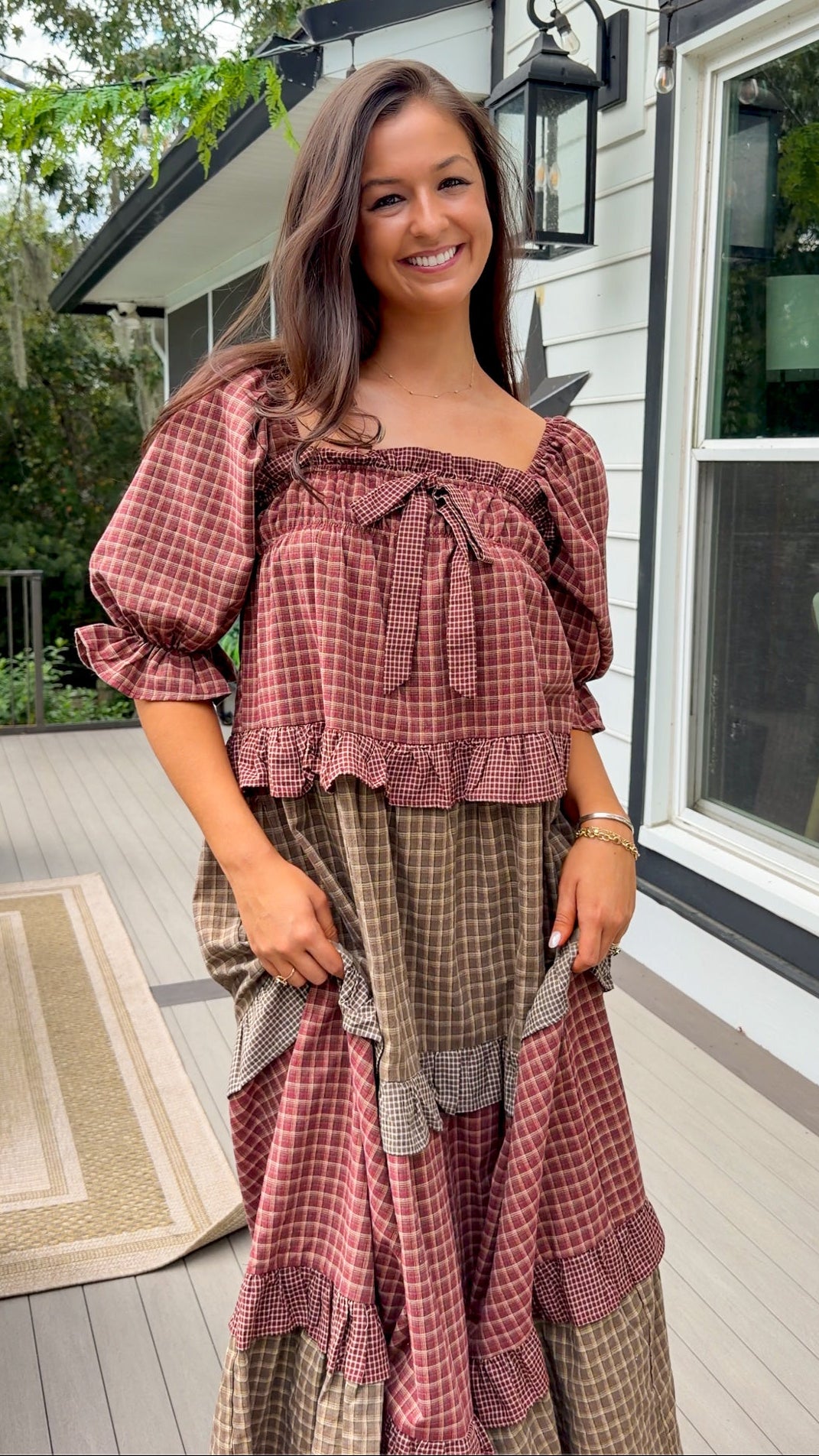 Mixed Plaid Tiered Maxi Dress