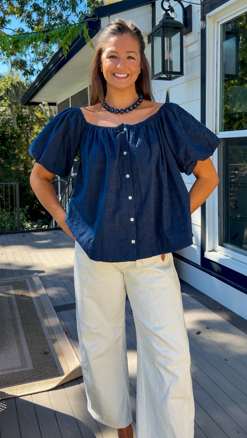 Navy Eyelet Top