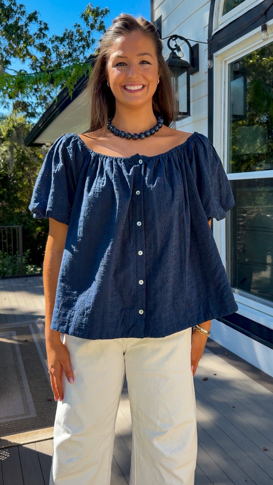 Navy Eyelet Top