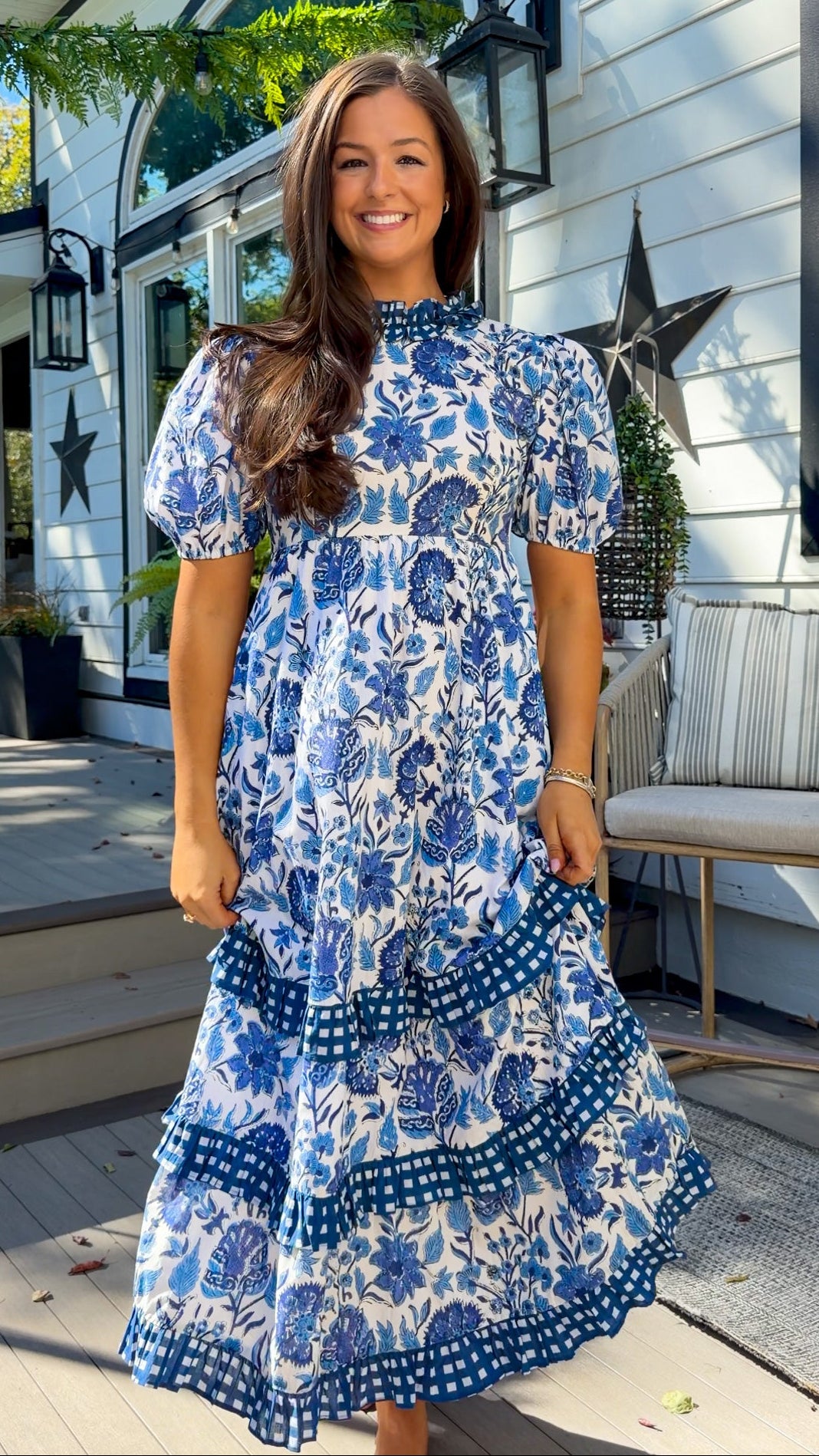 Blue Floral & Gingham Ruffle Open-Back Maxi Dress