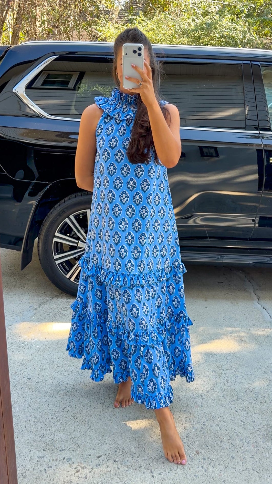 Blue Floral Ruffle Neck Maxi Dress