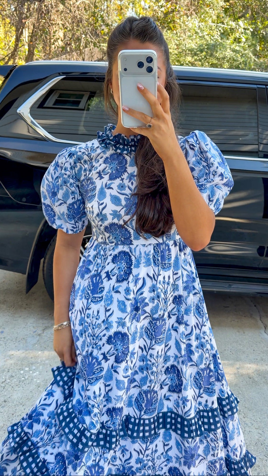 Blue Floral & Gingham Ruffle Open-Back Maxi Dress