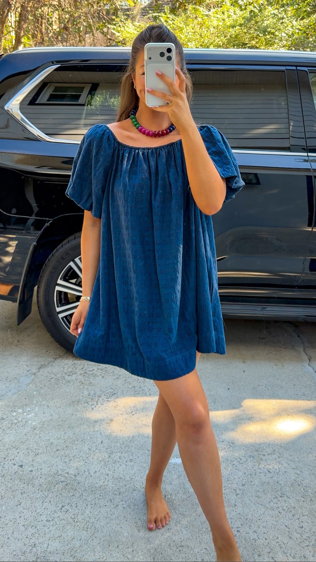 Navy Eyelet Mini Dress