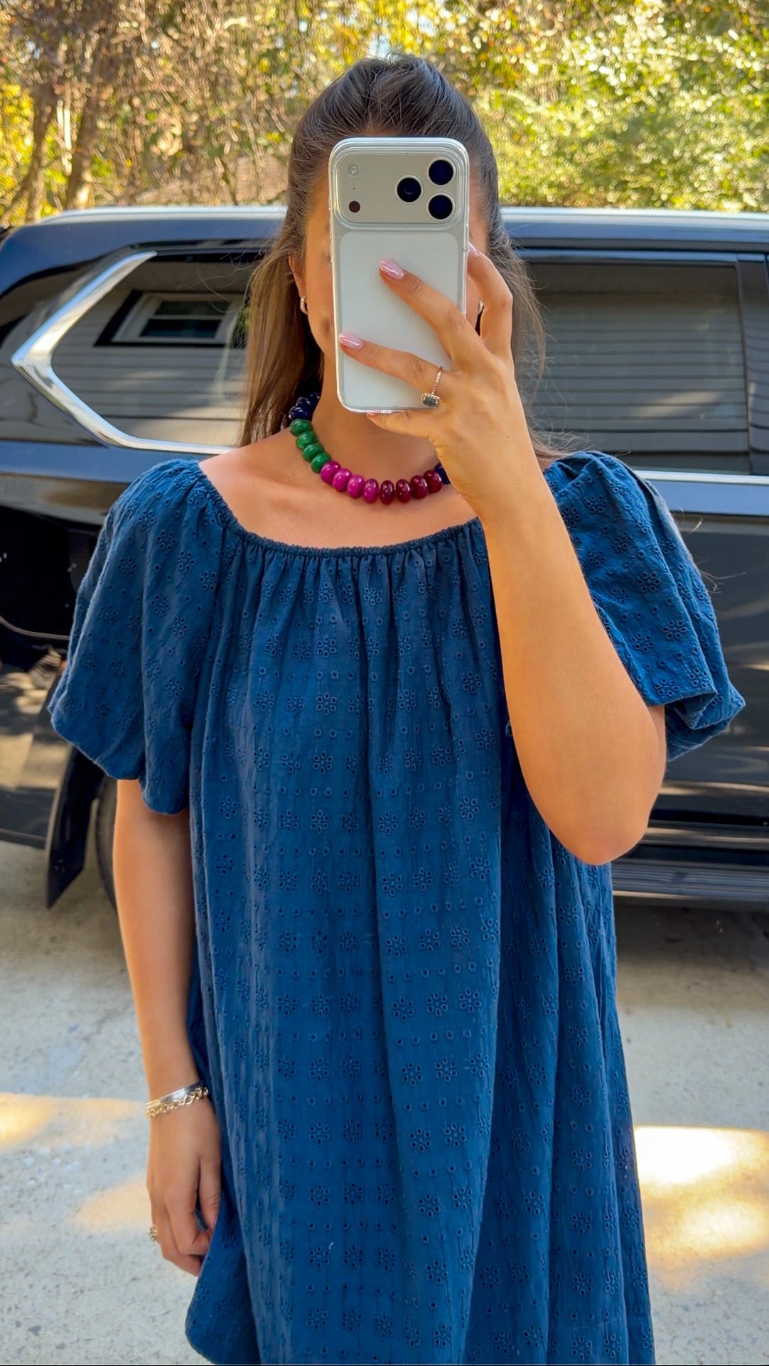 Navy Eyelet Mini Dress