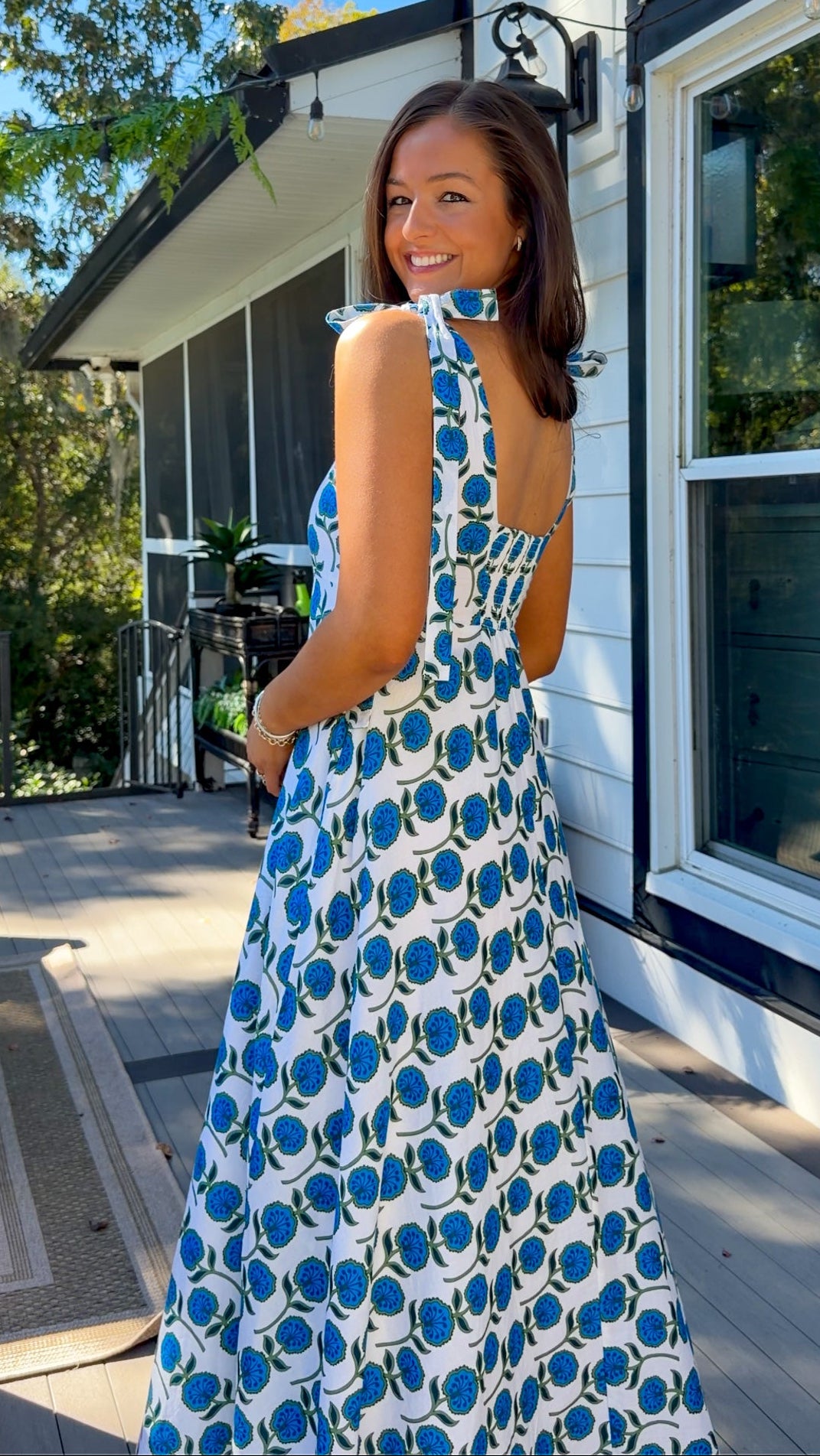 Blue Floral Tie-Strap Maxi Dress