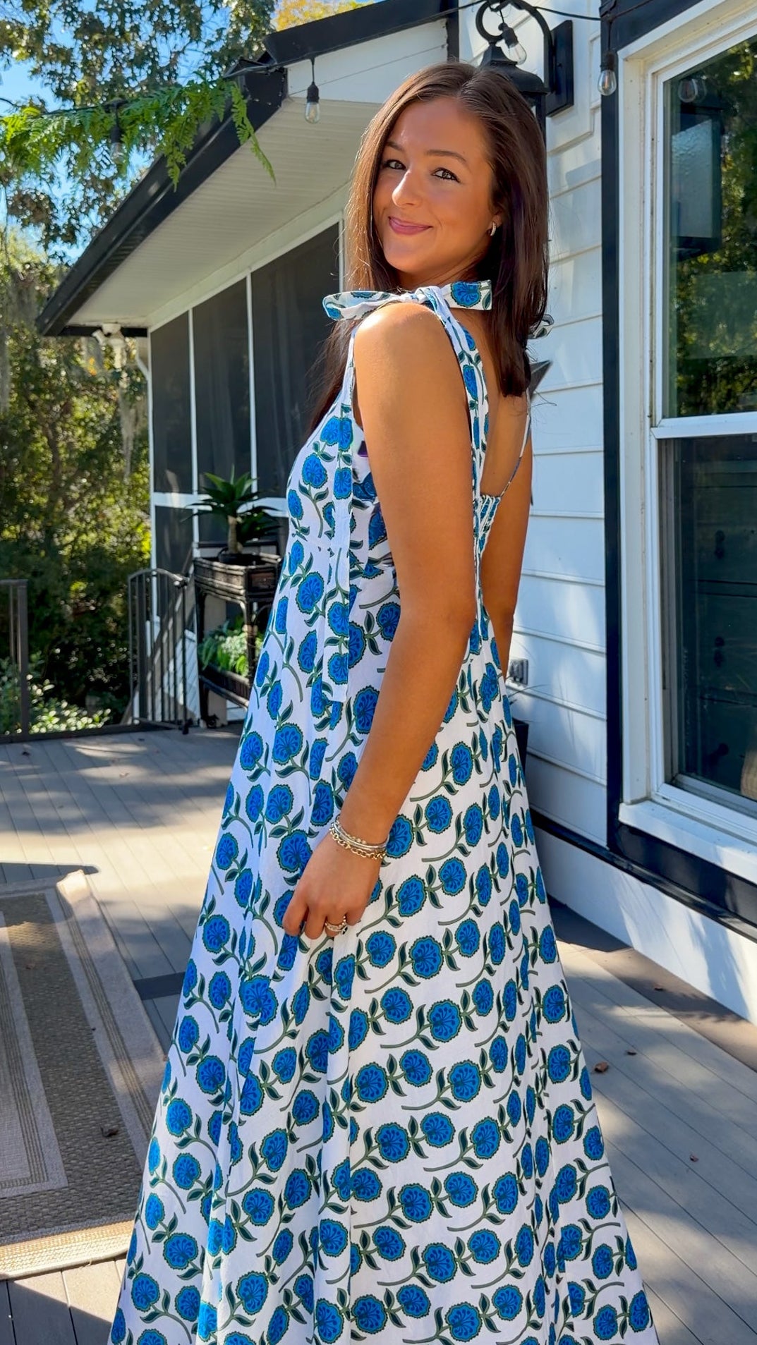 Blue Floral Tie-Strap Maxi Dress